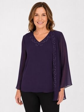 RM Richards NWT Embellished V-Neck Chiffon Blouse in Plum Women's Size 10